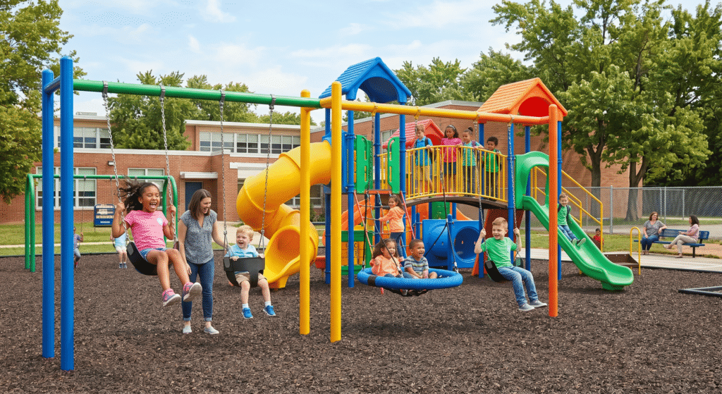 Colorful kids playground slide and swing set with durable design